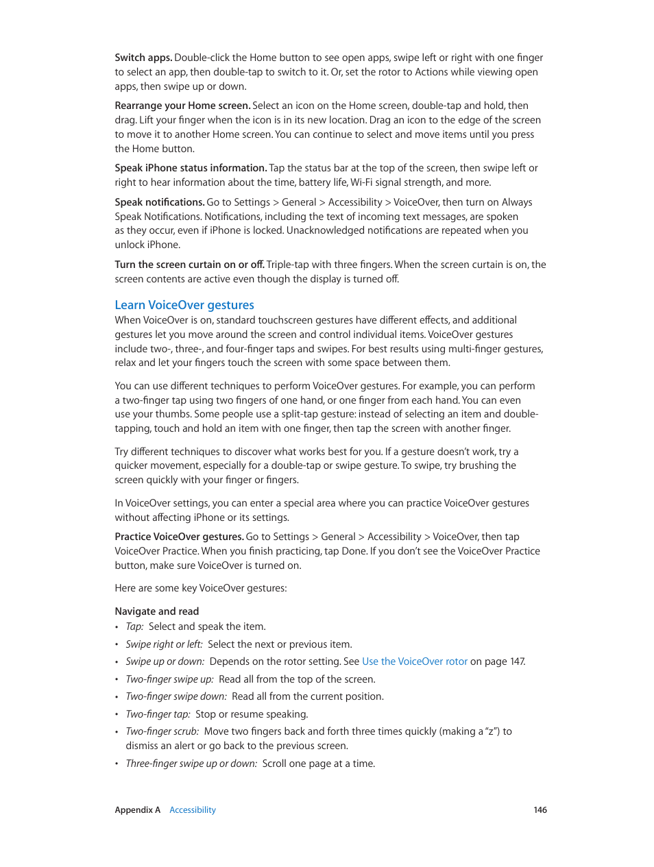 Learn voiceover gestures | Apple iPhone iOS 8.1 User Manual | Page 146 / 184