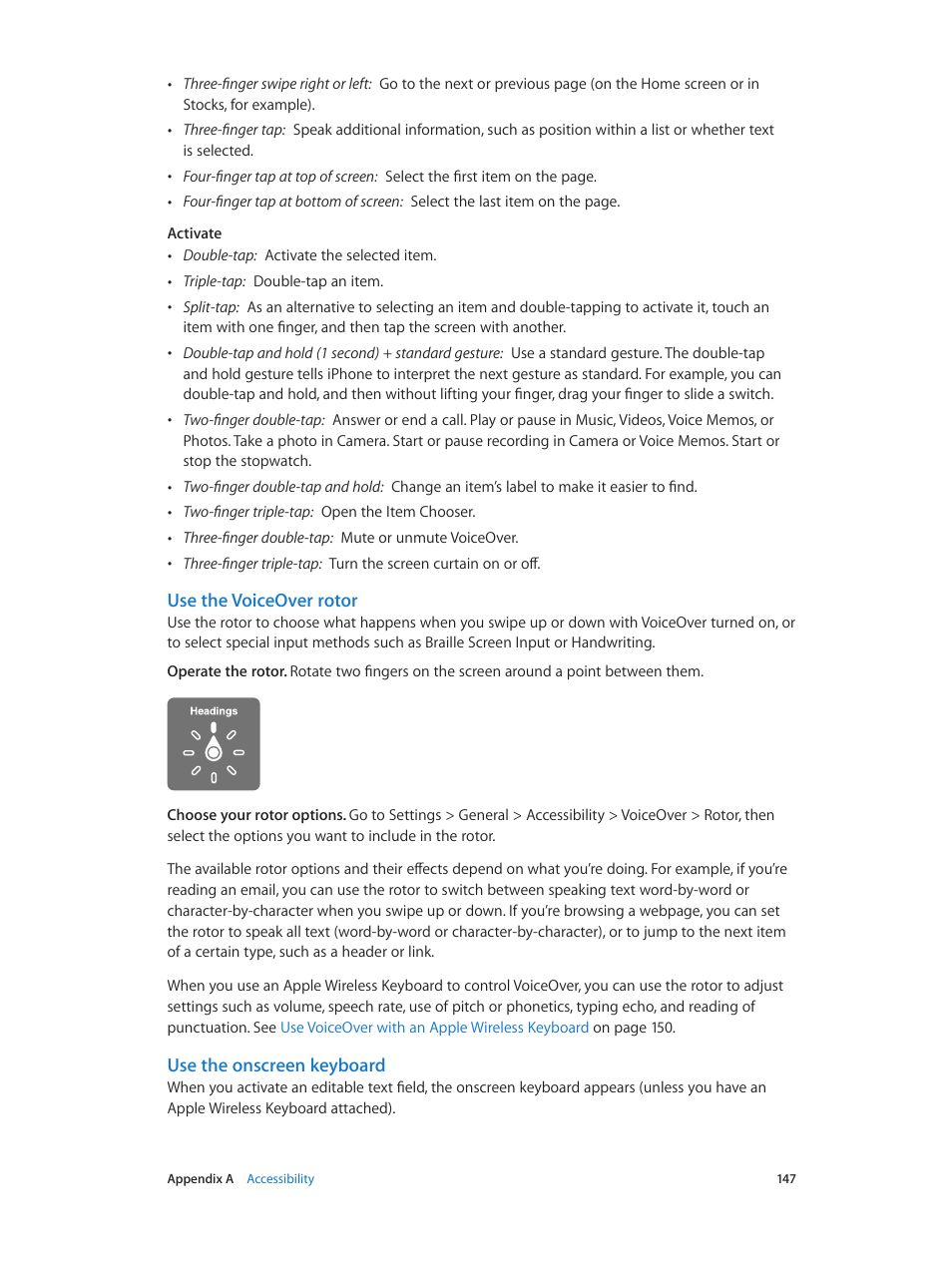 Use the, Voiceover rotor, Use the voiceover rotor | Use the onscreen keyboard | Apple iPhone iOS 8.1 User Manual | Page 147 / 184