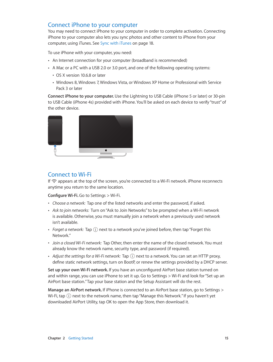 Connect iphone to your computer, Connect to wi-fi | Apple iPhone iOS 8.1 User Manual | Page 15 / 184