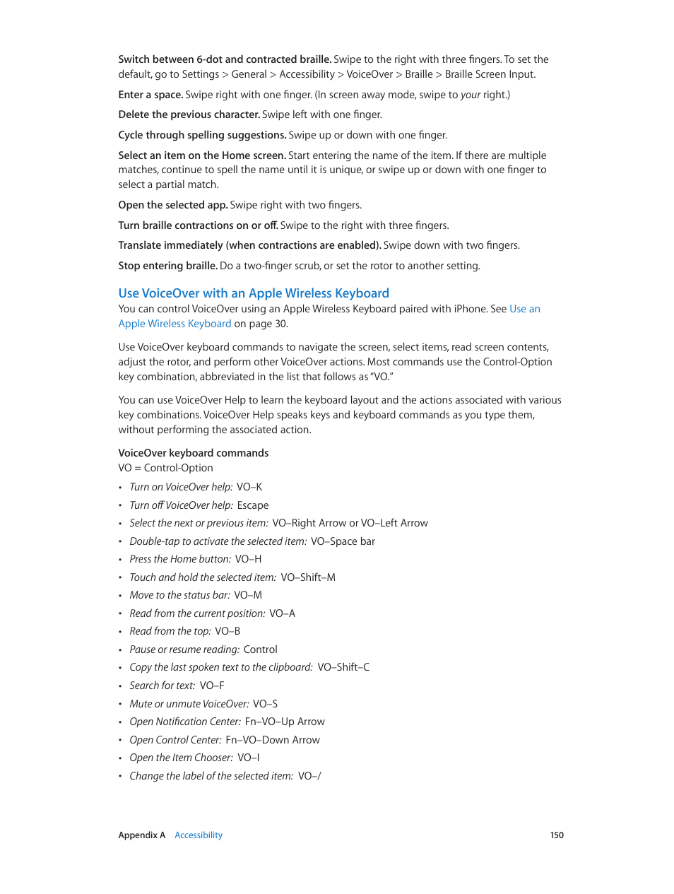 Use voiceover with an apple wireless keyboard | Apple iPhone iOS 8.1 User Manual | Page 150 / 184