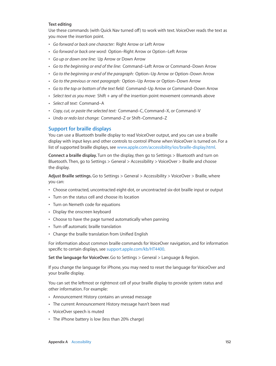 Support for braille displays | Apple iPhone iOS 8.1 User Manual | Page 152 / 184