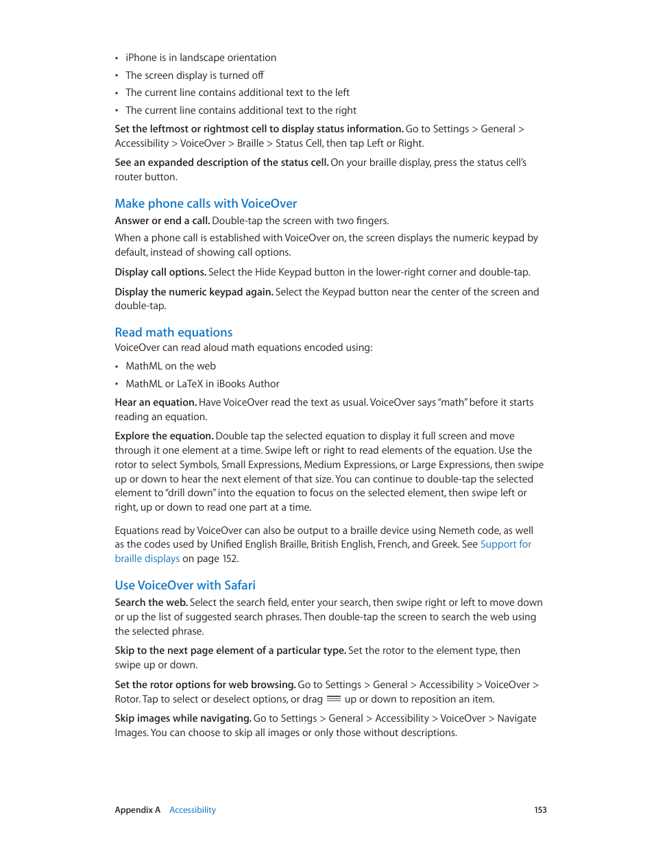 Make phone calls with voiceover, Read math equations, Use voiceover with safari | Apple iPhone iOS 8.1 User Manual | Page 153 / 184