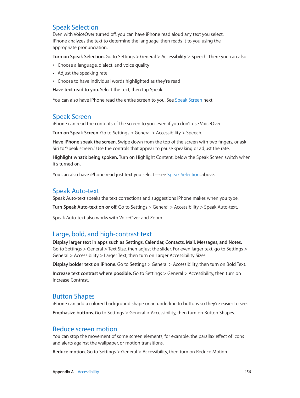 Speak selection, Speak screen, Speak auto-text | Large, bold, and high-contrast text, Button shapes, Reduce screen motion | Apple iPhone iOS 8.1 User Manual | Page 156 / 184