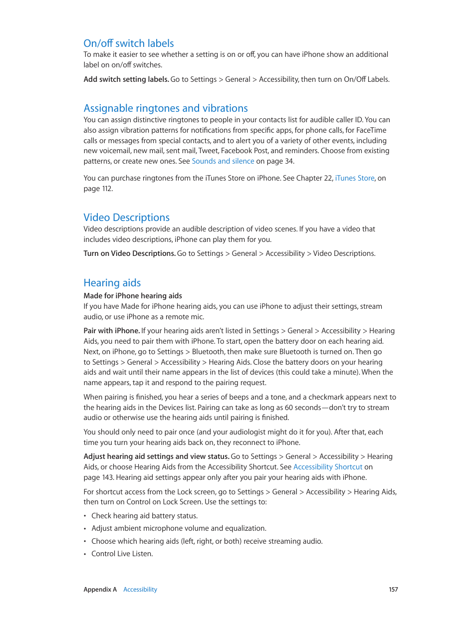 On/off switch labels, Assignable ringtones and vibrations, Video descriptions | Hearing aids | Apple iPhone iOS 8.1 User Manual | Page 157 / 184