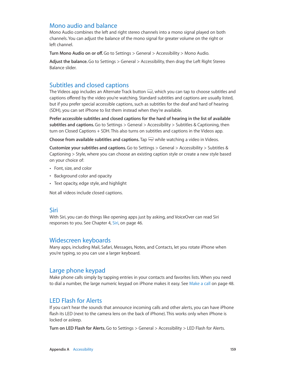 Mono audio and balance, Subtitles and closed captions, Siri | Widescreen keyboards, Large phone keypad, Led flash for alerts, 159 mono audio and balance | Apple iPhone iOS 8.1 User Manual | Page 159 / 184