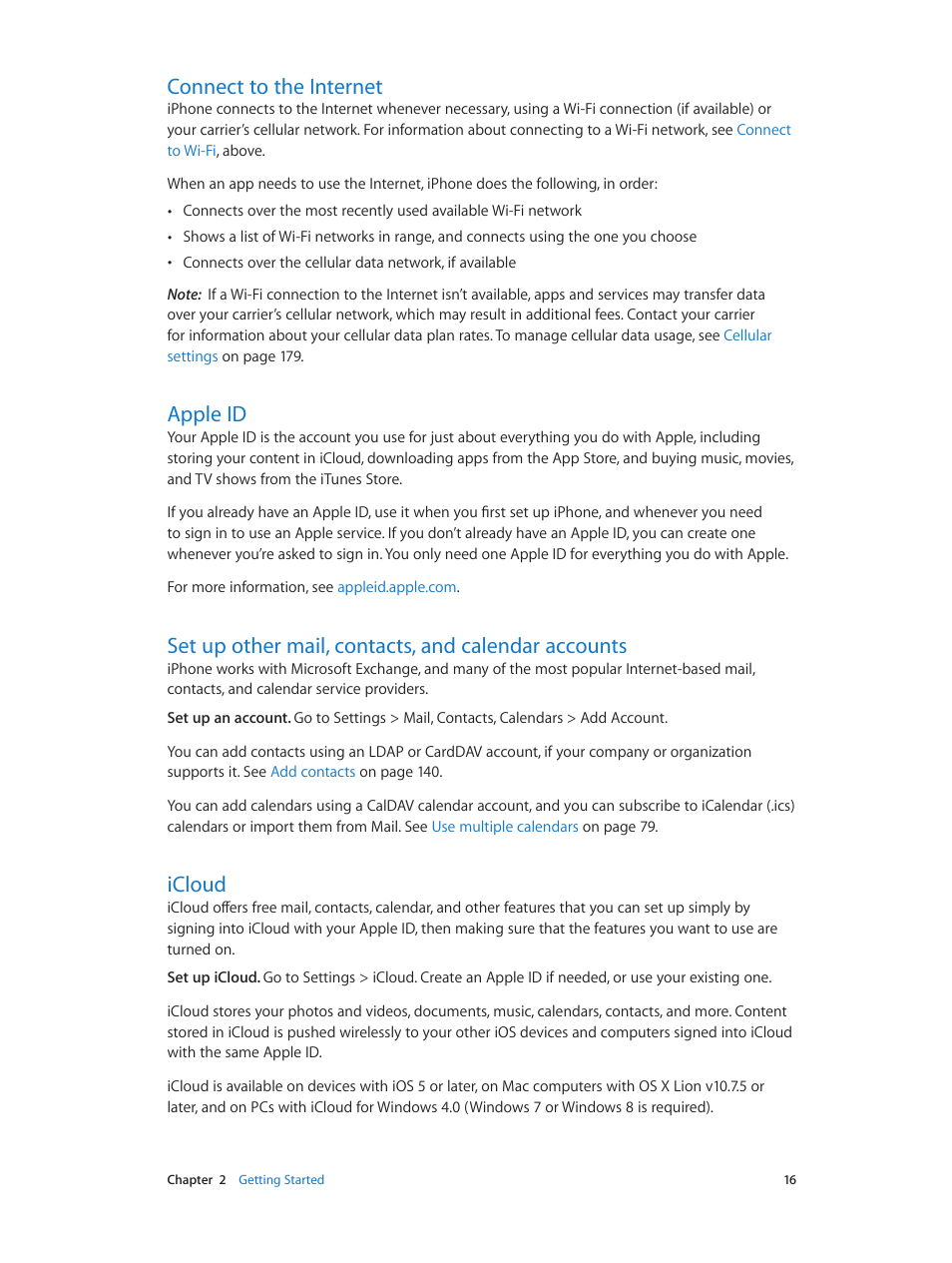 Connect to the internet, Apple id, Set up other mail, contacts, and calendar accounts | Icloud | Apple iPhone iOS 8.1 User Manual | Page 16 / 184