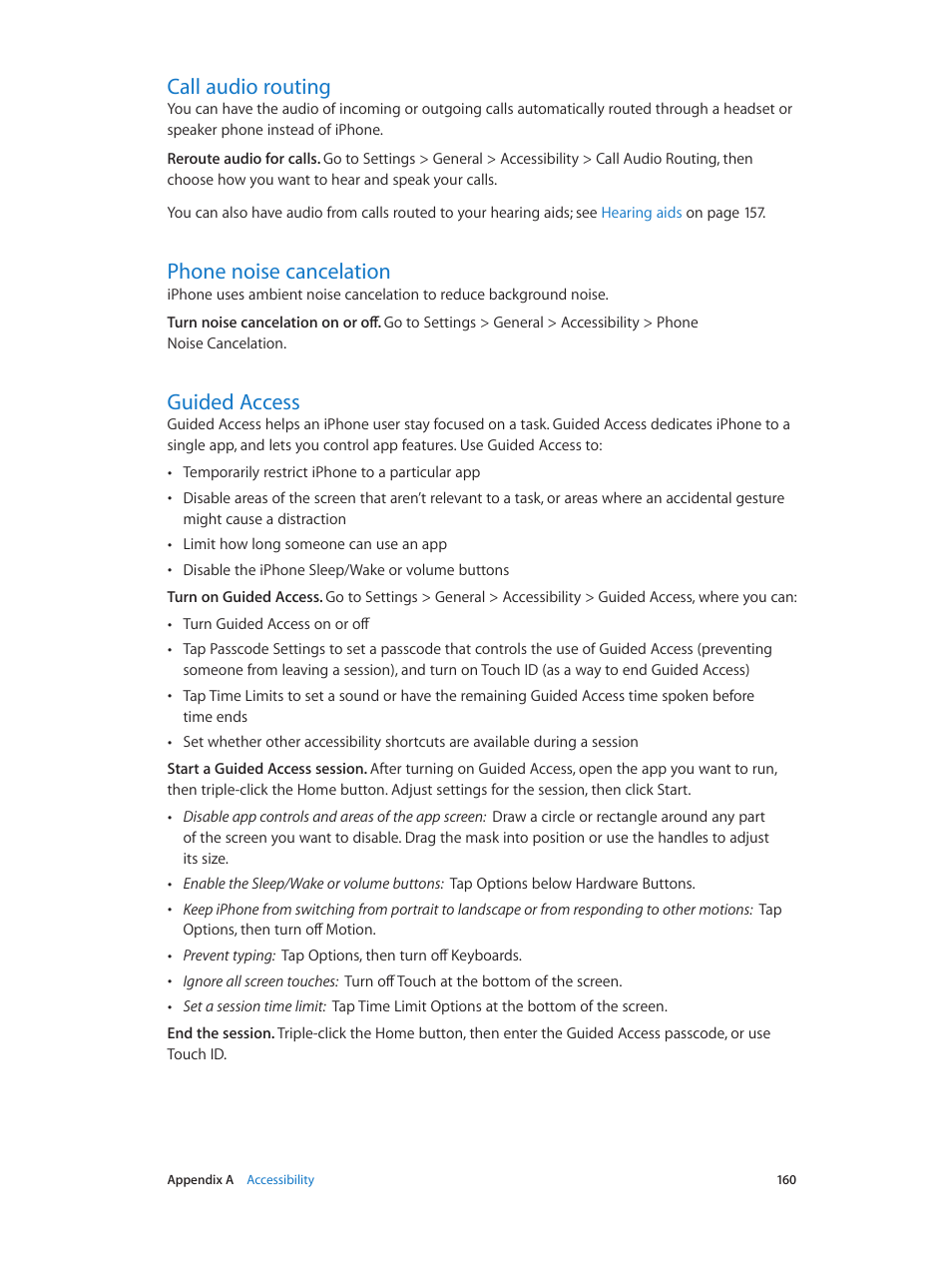 Call audio routing, Phone noise cancelation, Guided access | Guided, Access | Apple iPhone iOS 8.1 User Manual | Page 160 / 184