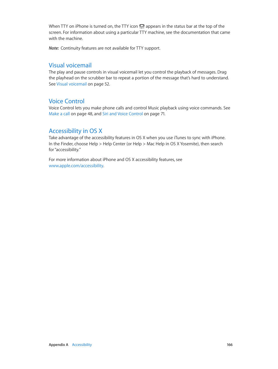 Visual voicemail, Voice control, Accessibility in os x | Apple iPhone iOS 8.1 User Manual | Page 166 / 184