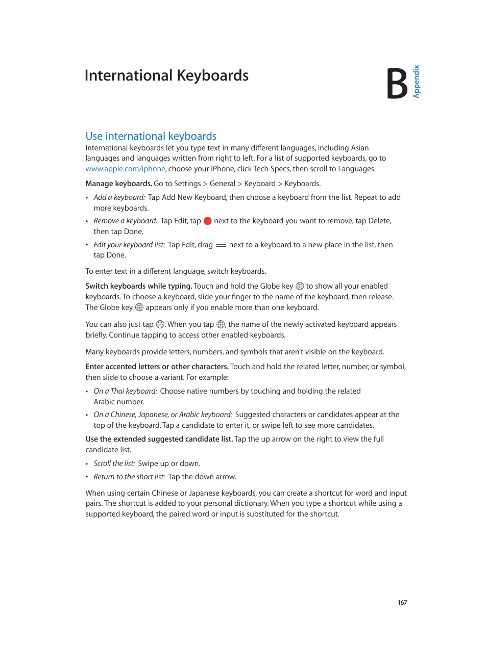 Appendix b: international keyboards, Use international keyboards, 167 use international keyboards | International keyboards | Apple iPhone iOS 8.1 User Manual | Page 167 / 184