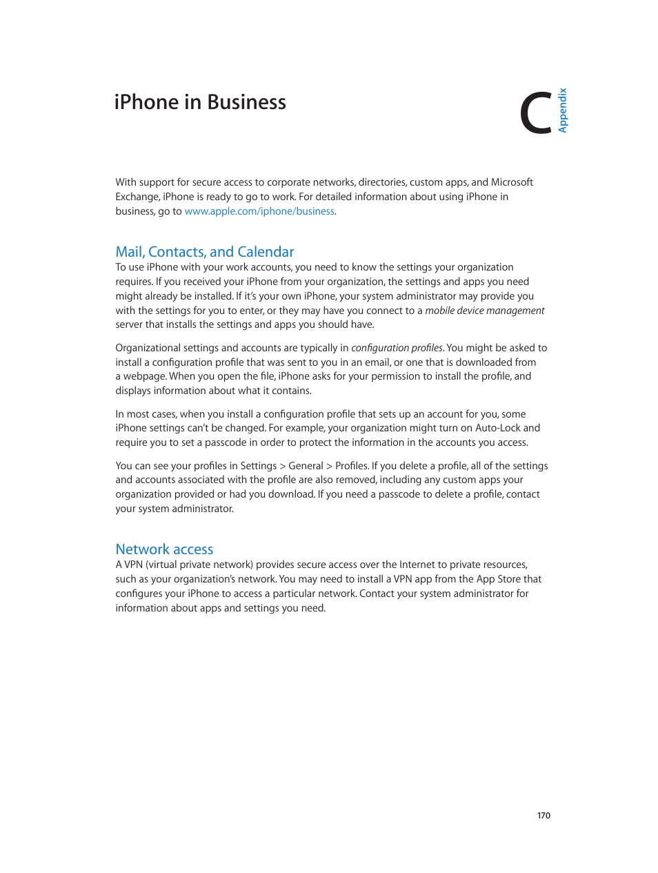 Appendix c: iphone in business, Mail, contacts, and calendar, Network access | Iphone in business | Apple iPhone iOS 8.1 User Manual | Page 170 / 184