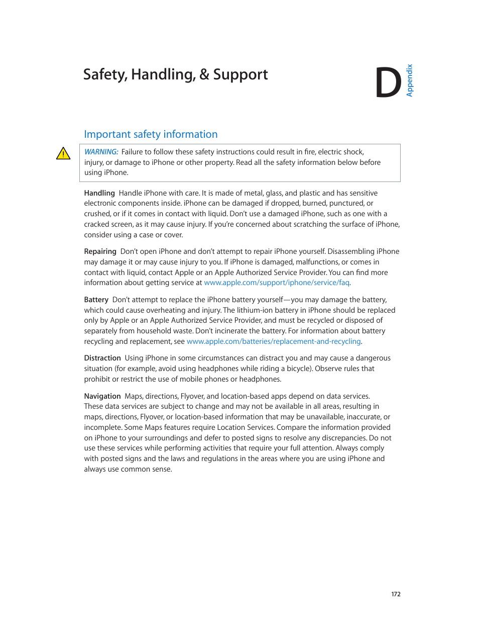 Appendix d: safety, handling, & support, Important safety information, 172 important safety information | Important safety, Information, Important, Safety information, Safety, handling, & support | Apple iPhone iOS 8.1 User Manual | Page 172 / 184