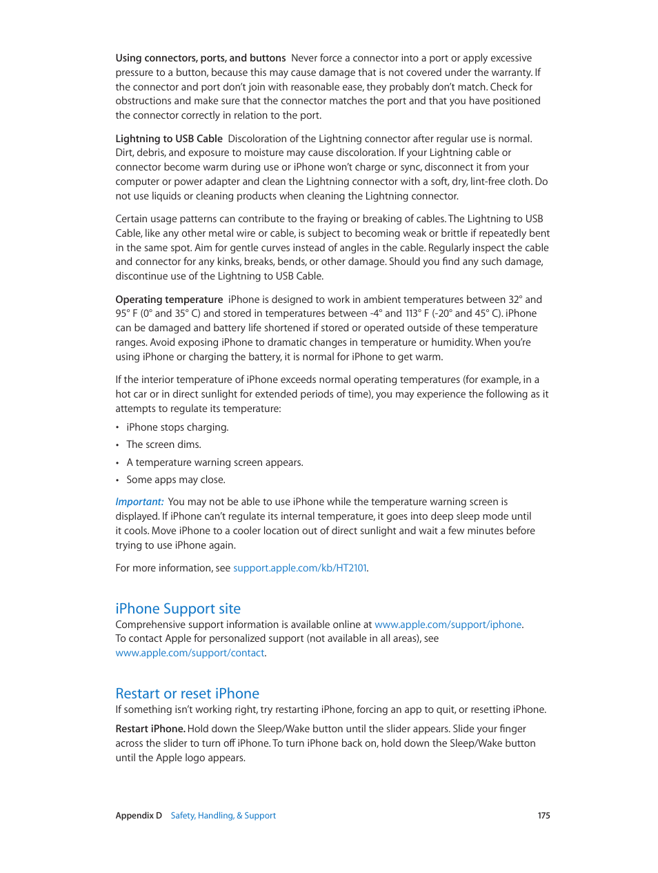 Iphone support site, Restart or reset iphone | Apple iPhone iOS 8.1 User Manual | Page 175 / 184