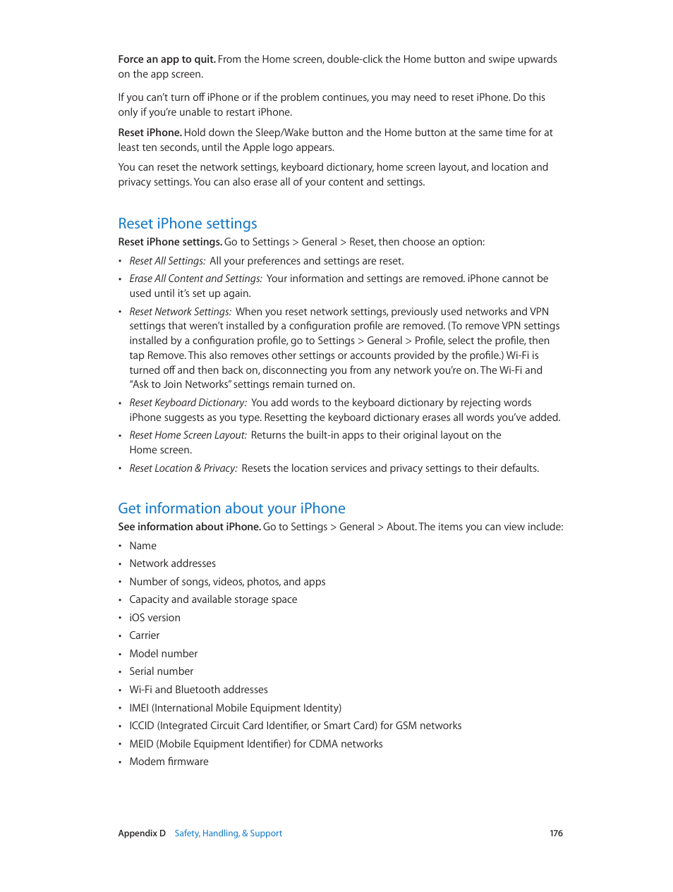 Reset iphone settings, Get information about your iphone | Apple iPhone iOS 8.1 User Manual | Page 176 / 184