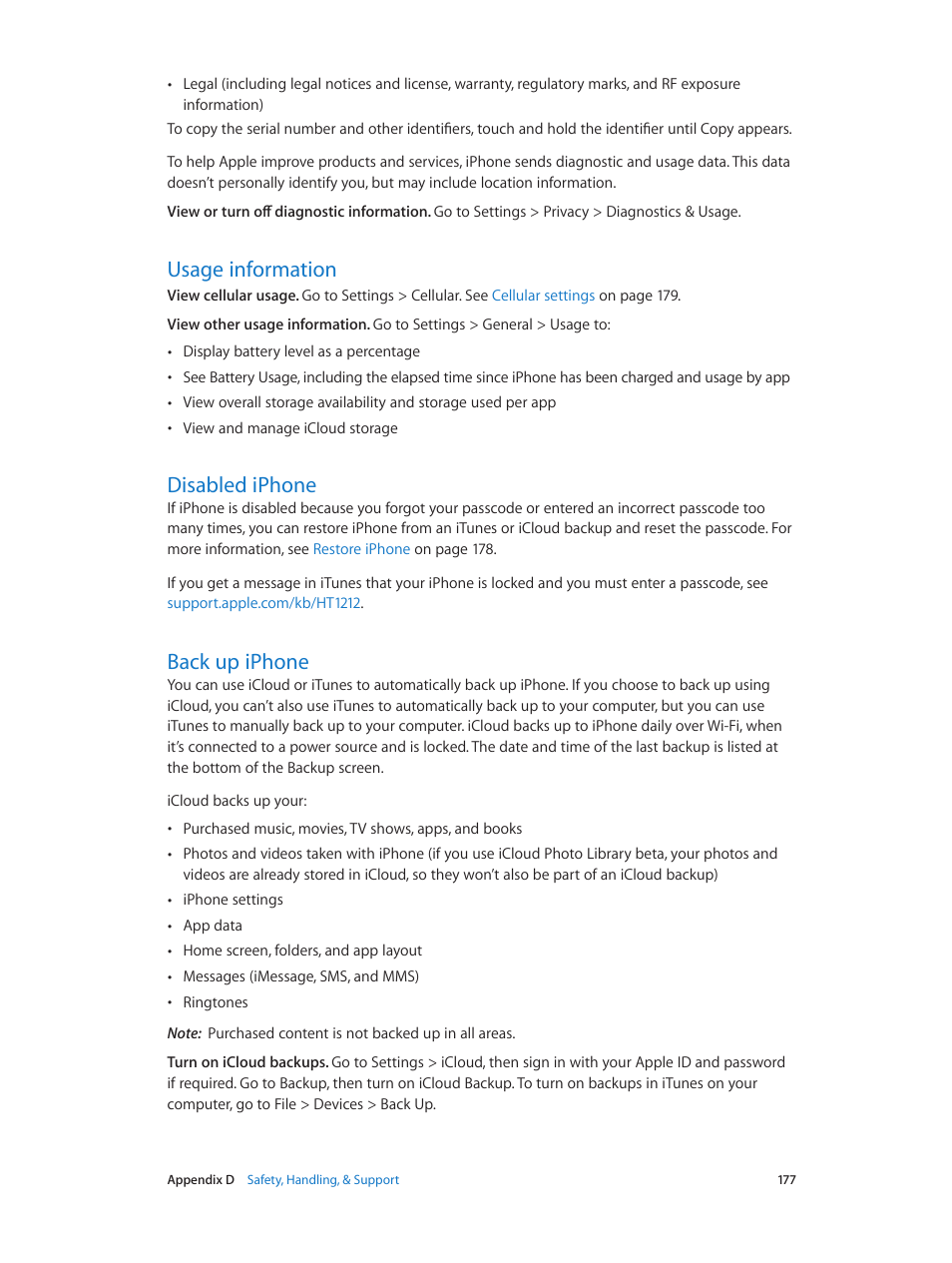 Usage information, Disabled iphone, Back up iphone | 177 and, Usage, Information | Apple iPhone iOS 8.1 User Manual | Page 177 / 184