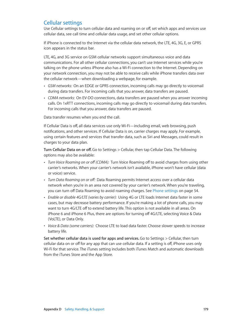 Cellular settings, 179 cellular settings, Cellular | Settings | Apple iPhone iOS 8.1 User Manual | Page 179 / 184