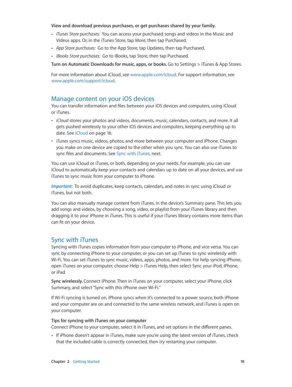 Manage content on your ios devices, Sync with itunes | Apple iPhone iOS 8.1 User Manual | Page 18 / 184