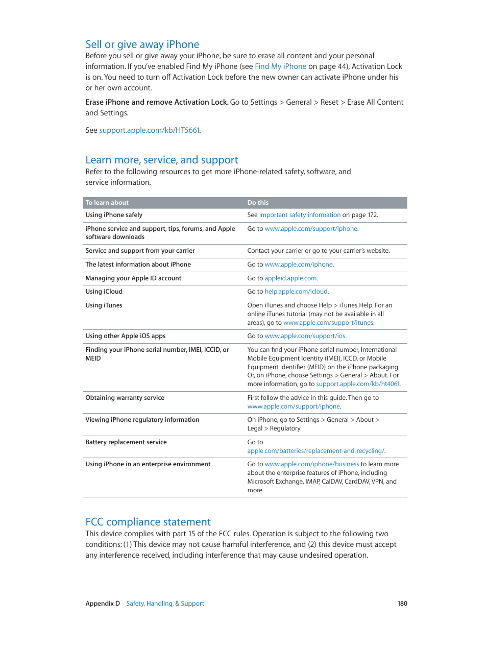 Sell or give away iphone, Learn more, service, and support, Fcc compliance statement | Sell, Or give away iphone | Apple iPhone iOS 8.1 User Manual | Page 180 / 184