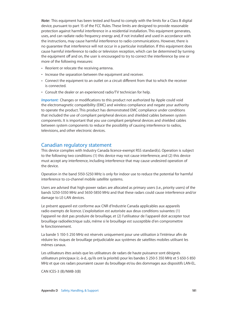 Canadian regulatory statement, 181 canadian regulatory statement | Apple iPhone iOS 8.1 User Manual | Page 181 / 184