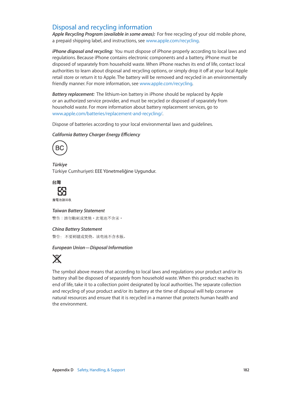 Disposal and recycling information, 182 disposal and recycling information | Apple iPhone iOS 8.1 User Manual | Page 182 / 184