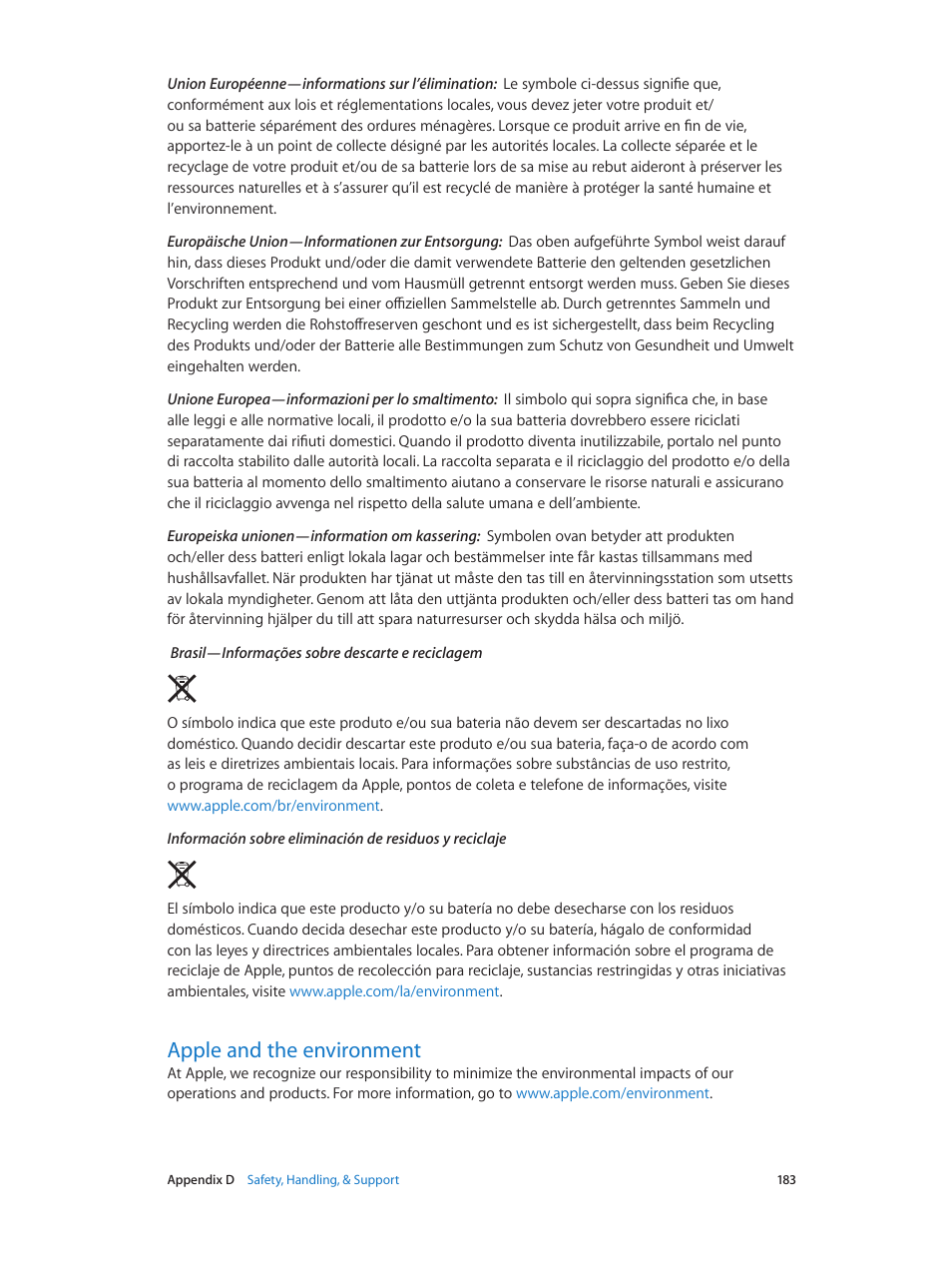 Apple and the environment, 183 apple and the environment | Apple iPhone iOS 8.1 User Manual | Page 183 / 184