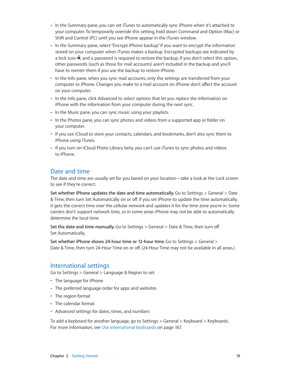 Date and time, International settings | Apple iPhone iOS 8.1 User Manual | Page 19 / 184