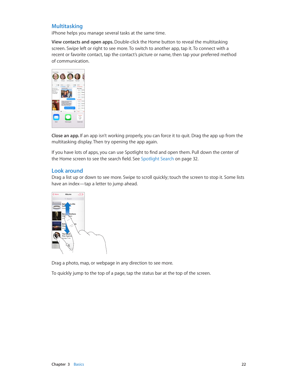 Multitasking, Look around | Apple iPhone iOS 8.1 User Manual | Page 22 / 184