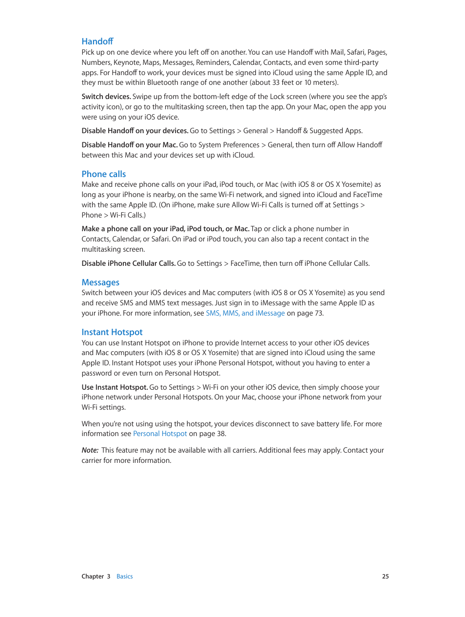 Phone calls, Messages, Instant hotspot | Apple iPhone iOS 8.1 User Manual | Page 25 / 184