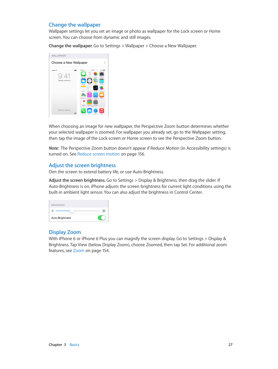 Change the wallpaper, Adjust the screen brightness, Display zoom | Apple iPhone iOS 8.1 User Manual | Page 27 / 184