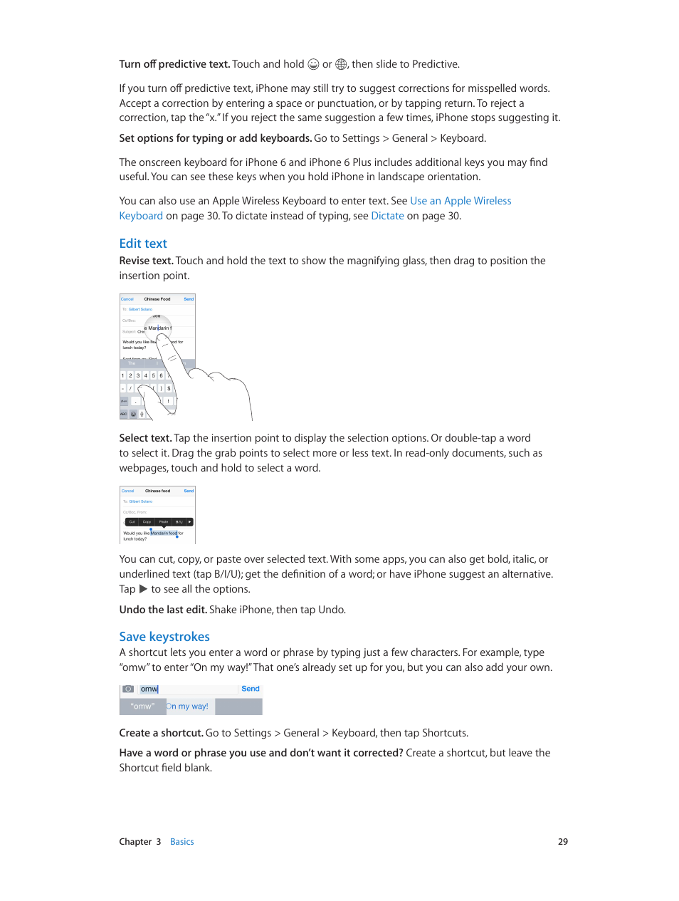 Edit text, Save keystrokes | Apple iPhone iOS 8.1 User Manual | Page 29 / 184