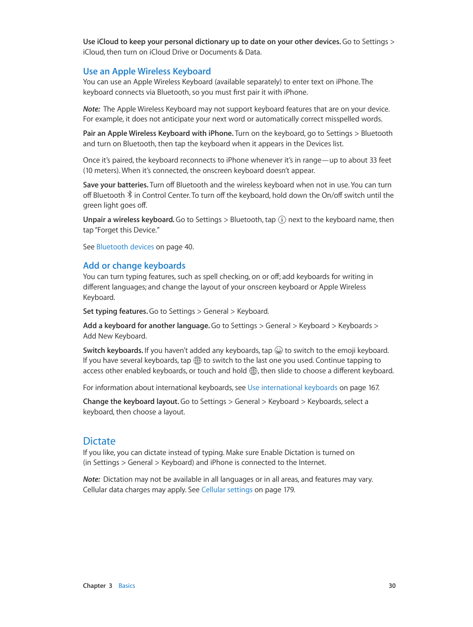 Dictate, Use an apple wireless, Keyboard | Use an apple wireless keyboard, Add or change keyboards | Apple iPhone iOS 8.1 User Manual | Page 30 / 184