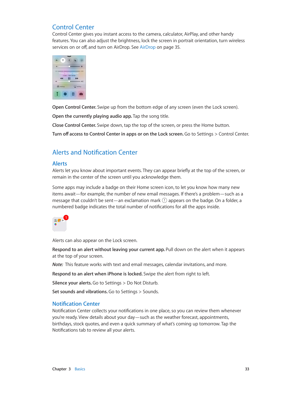 Control center, Alerts and notification center, Alerts | Apple iPhone iOS 8.1 User Manual | Page 33 / 184