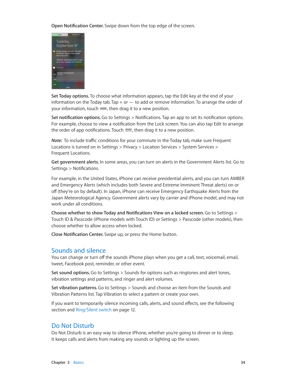 Sounds and silence, Do not disturb, Do not | Disturb | Apple iPhone iOS 8.1 User Manual | Page 34 / 184