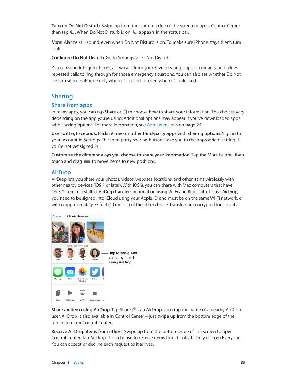 Sharing, Share from apps, Airdrop | Apple iPhone iOS 8.1 User Manual | Page 35 / 184