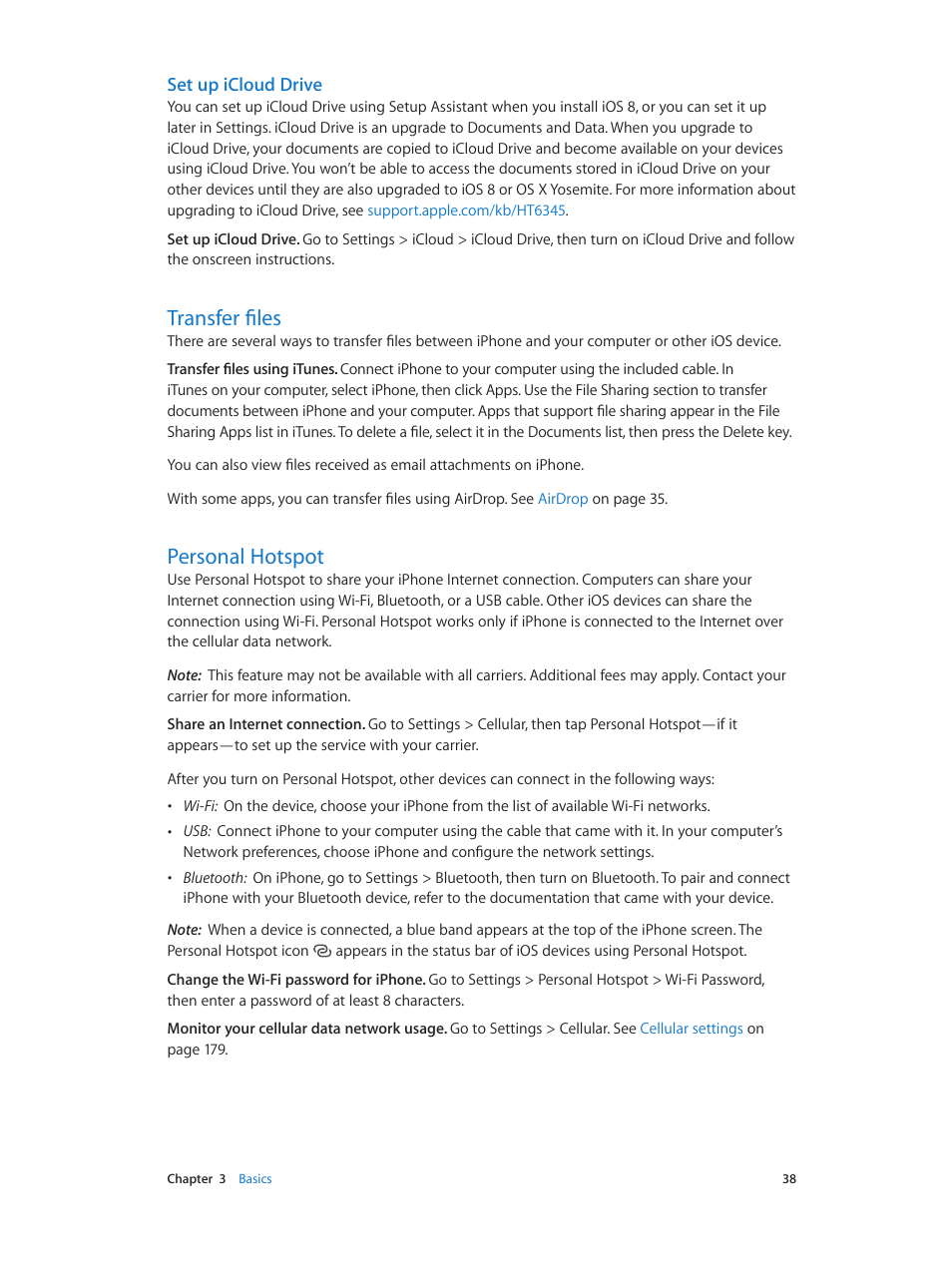 Transfer files, Personal hotspot, Tion see | Set up icloud drive | Apple iPhone iOS 8.1 User Manual | Page 38 / 184