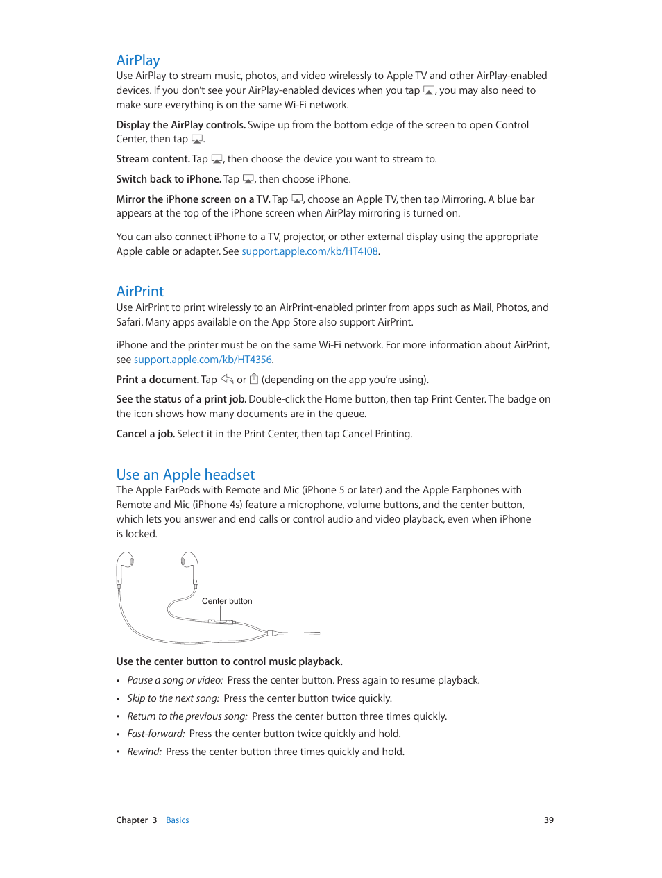 Airplay, Airprint, Use an apple headset | Apple iPhone iOS 8.1 User Manual | Page 39 / 184