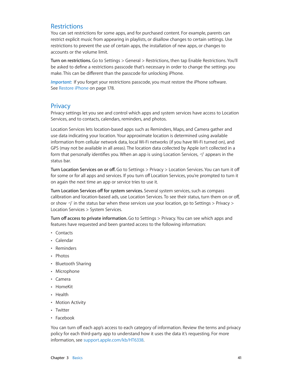 Restrictions, Privacy | Apple iPhone iOS 8.1 User Manual | Page 41 / 184