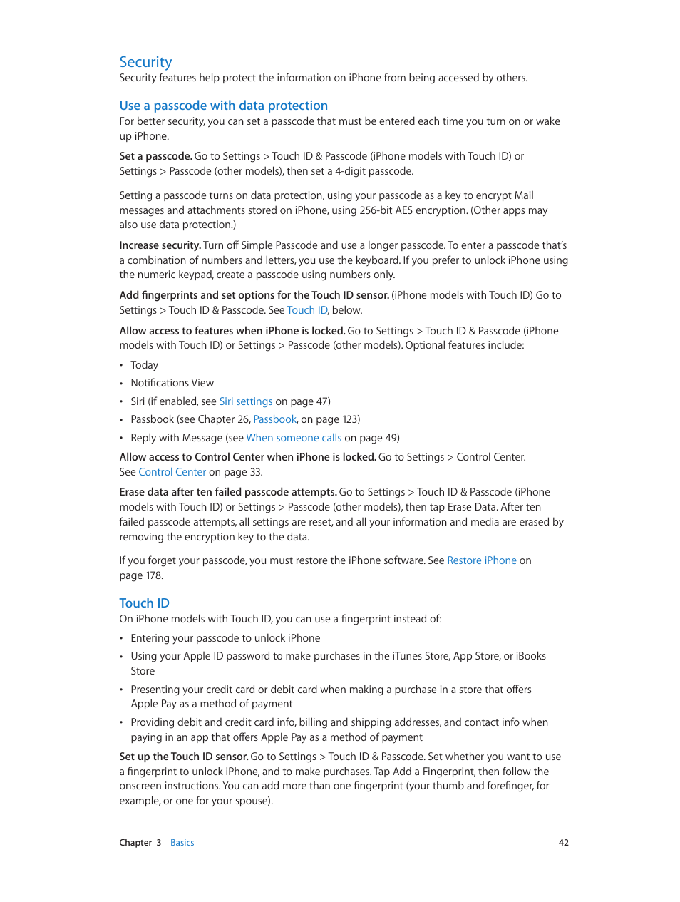 Security, Use a, Passcode with data protection | Touch id, Use a passcode with data protection | Apple iPhone iOS 8.1 User Manual | Page 42 / 184