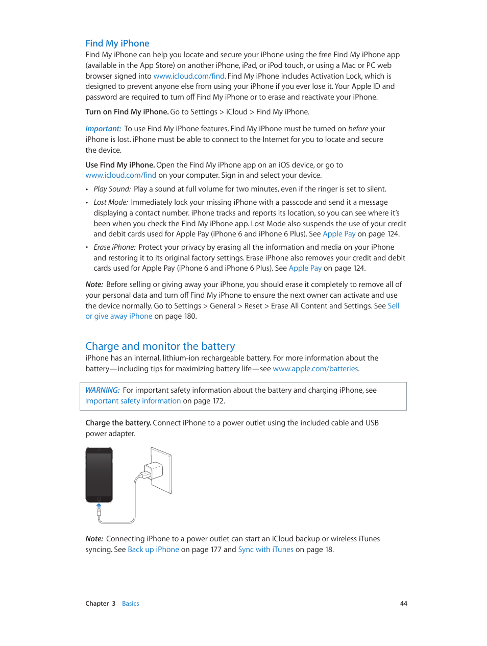 Charge and monitor the battery, Charge and, Monitor the battery | Find my iphone | Apple iPhone iOS 8.1 User Manual | Page 44 / 184