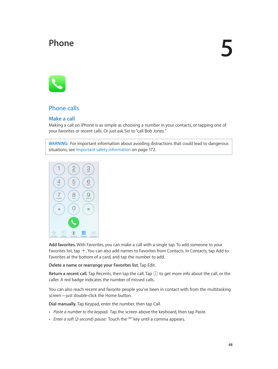 Chapter 5: phone, Phone calls, Make a call | 48 and, Phone | Apple iPhone iOS 8.1 User Manual | Page 48 / 184