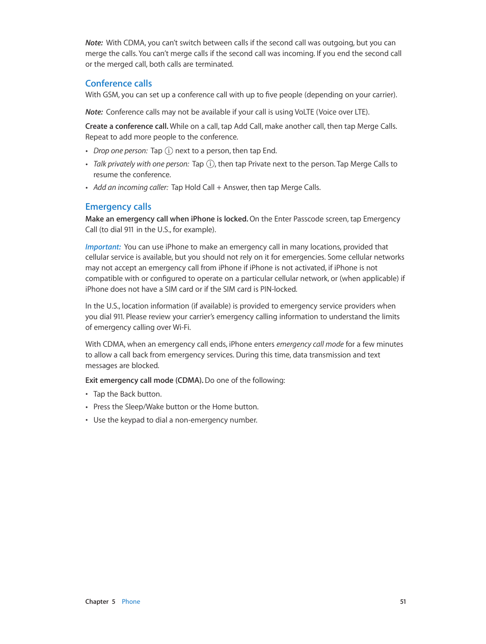 Conference calls, Emergency calls | Apple iPhone iOS 8.1 User Manual | Page 51 / 184