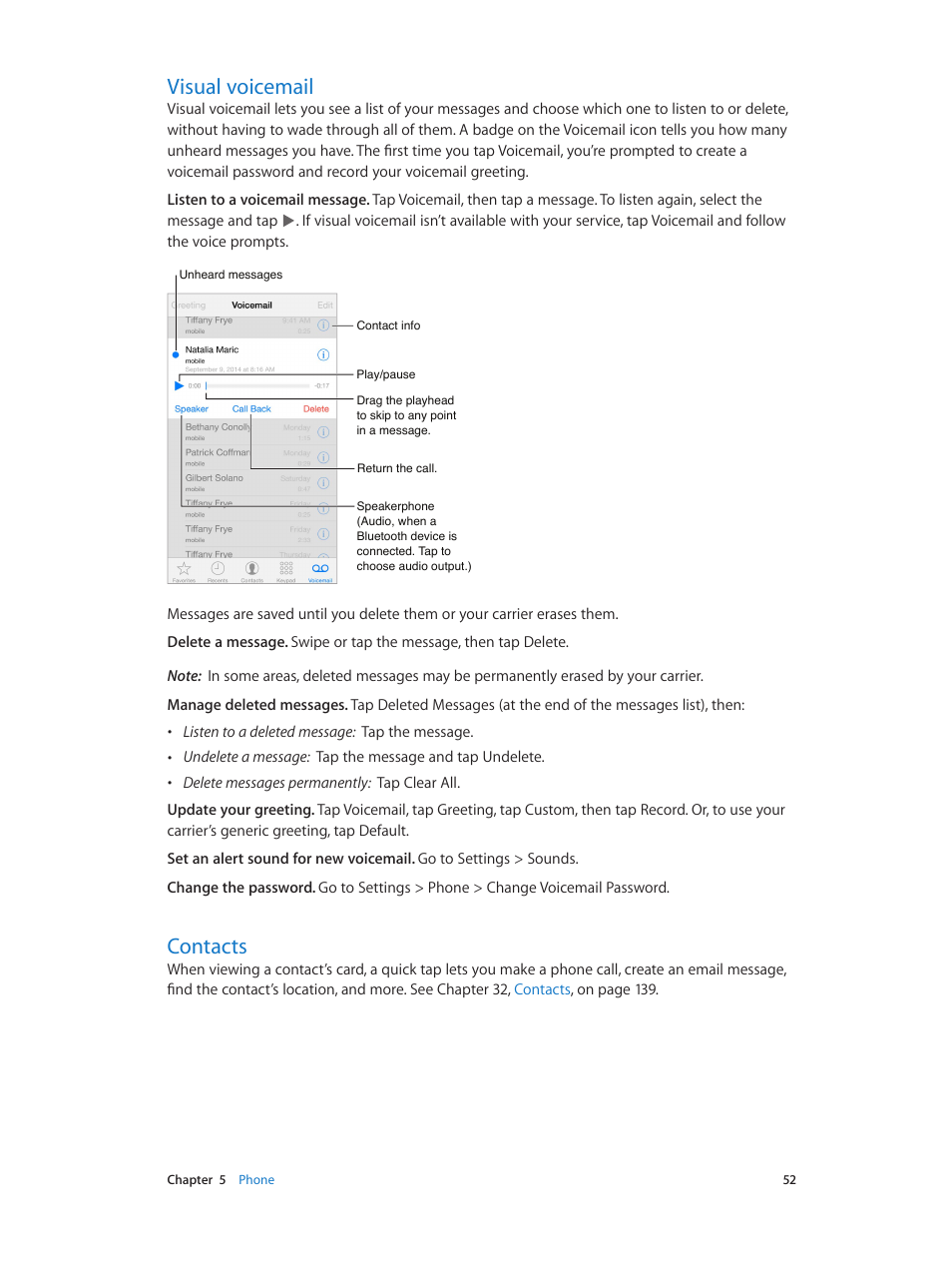 Visual voicemail, Contacts | Apple iPhone iOS 8.1 User Manual | Page 52 / 184