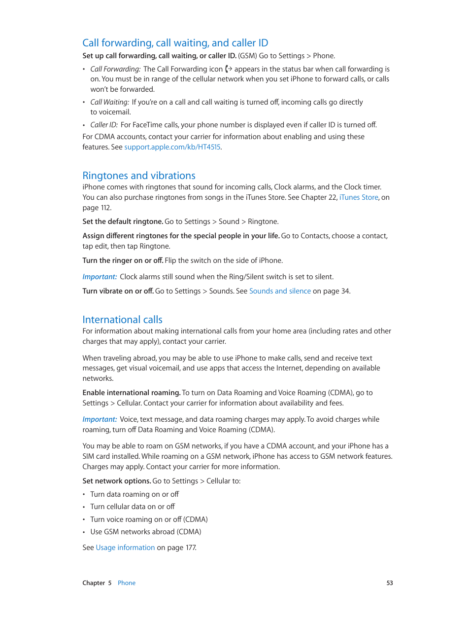 Call forwarding, call waiting, and caller id, Ringtones and vibrations, International calls | Call forwarding, call waiting, and caller | Apple iPhone iOS 8.1 User Manual | Page 53 / 184