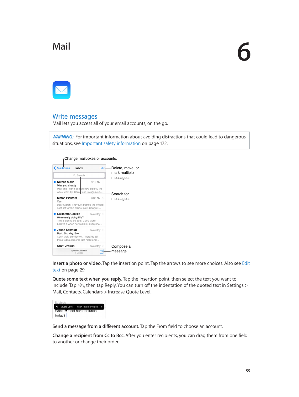 Chapter 6: mail, Write messages, Mail | Apple iPhone iOS 8.1 User Manual | Page 55 / 184