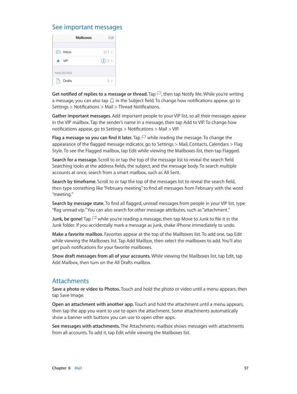 See important messages, Attachments | Apple iPhone iOS 8.1 User Manual | Page 57 / 184