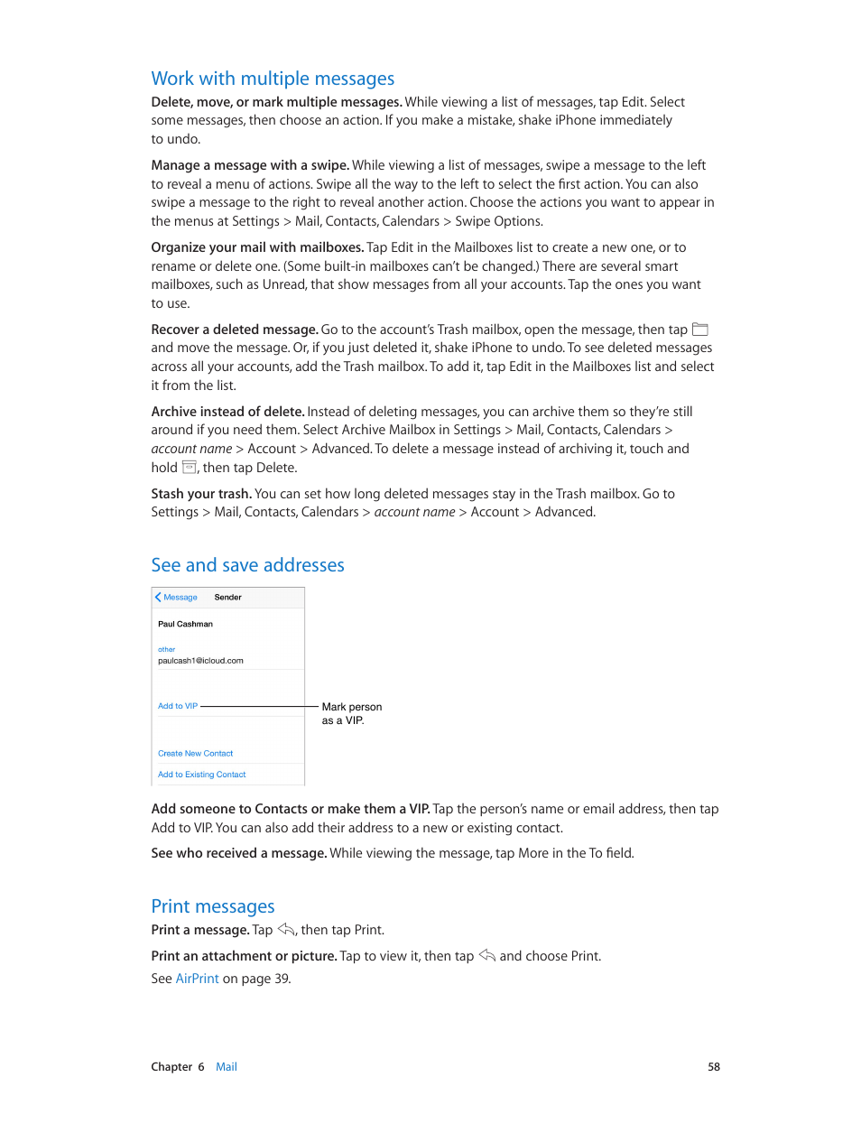 Work with multiple messages, See and save addresses, Print messages | Apple iPhone iOS 8.1 User Manual | Page 58 / 184