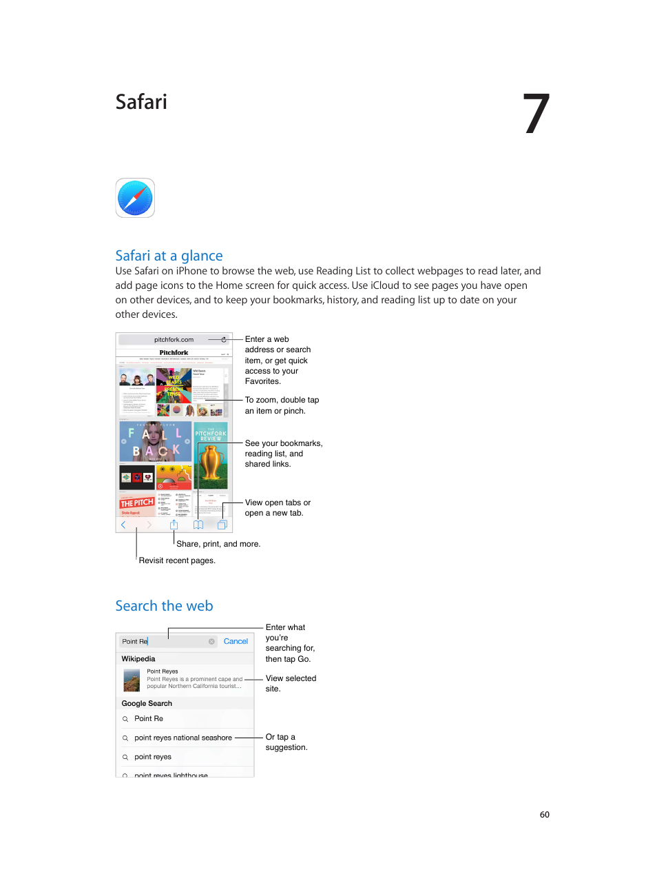 Chapter 7: safari, Safari at a glance, Search the web | Safari | Apple iPhone iOS 8.1 User Manual | Page 60 / 184