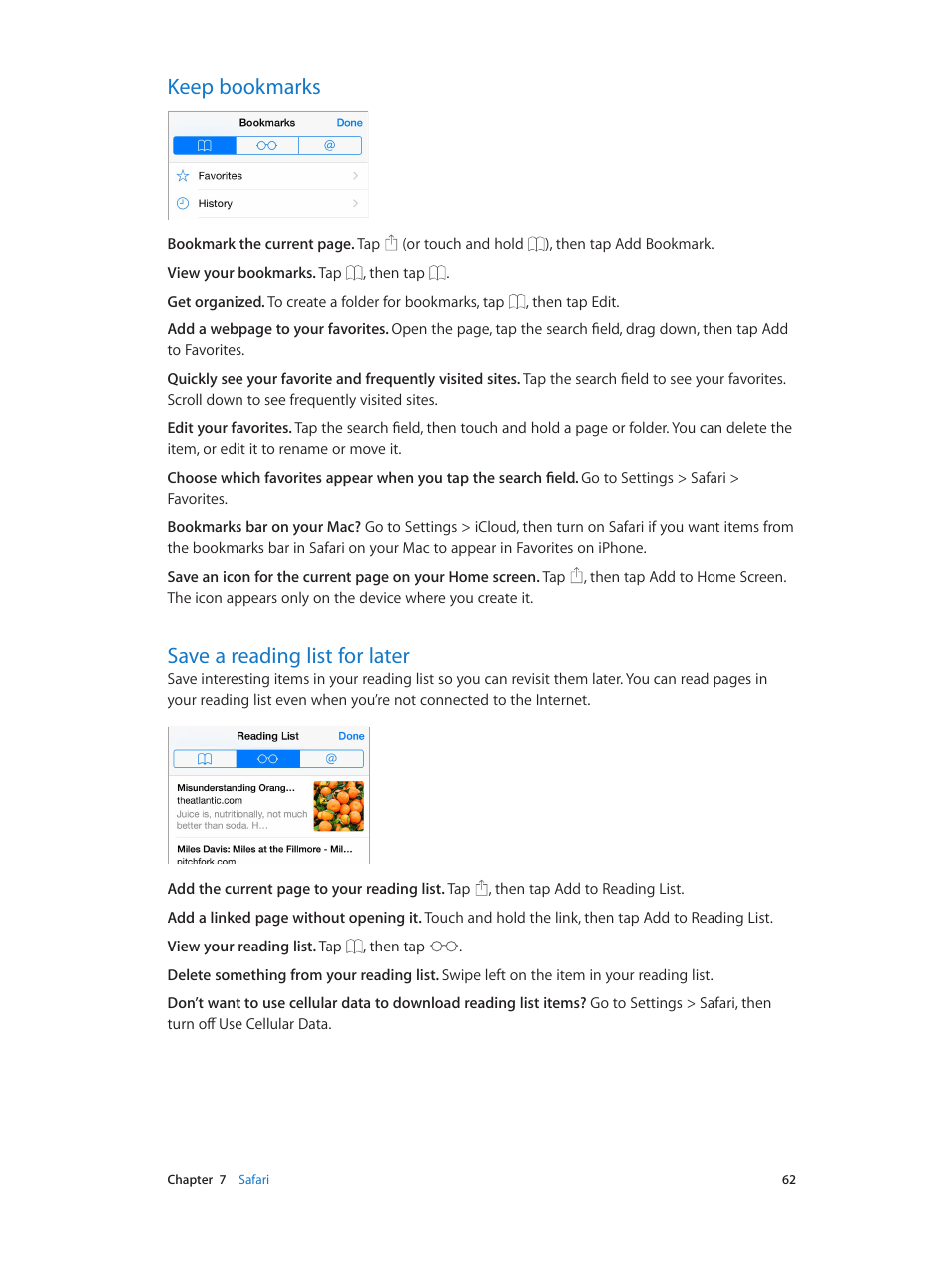 Keep bookmarks, Save a reading list for later | Apple iPhone iOS 8.1 User Manual | Page 62 / 184