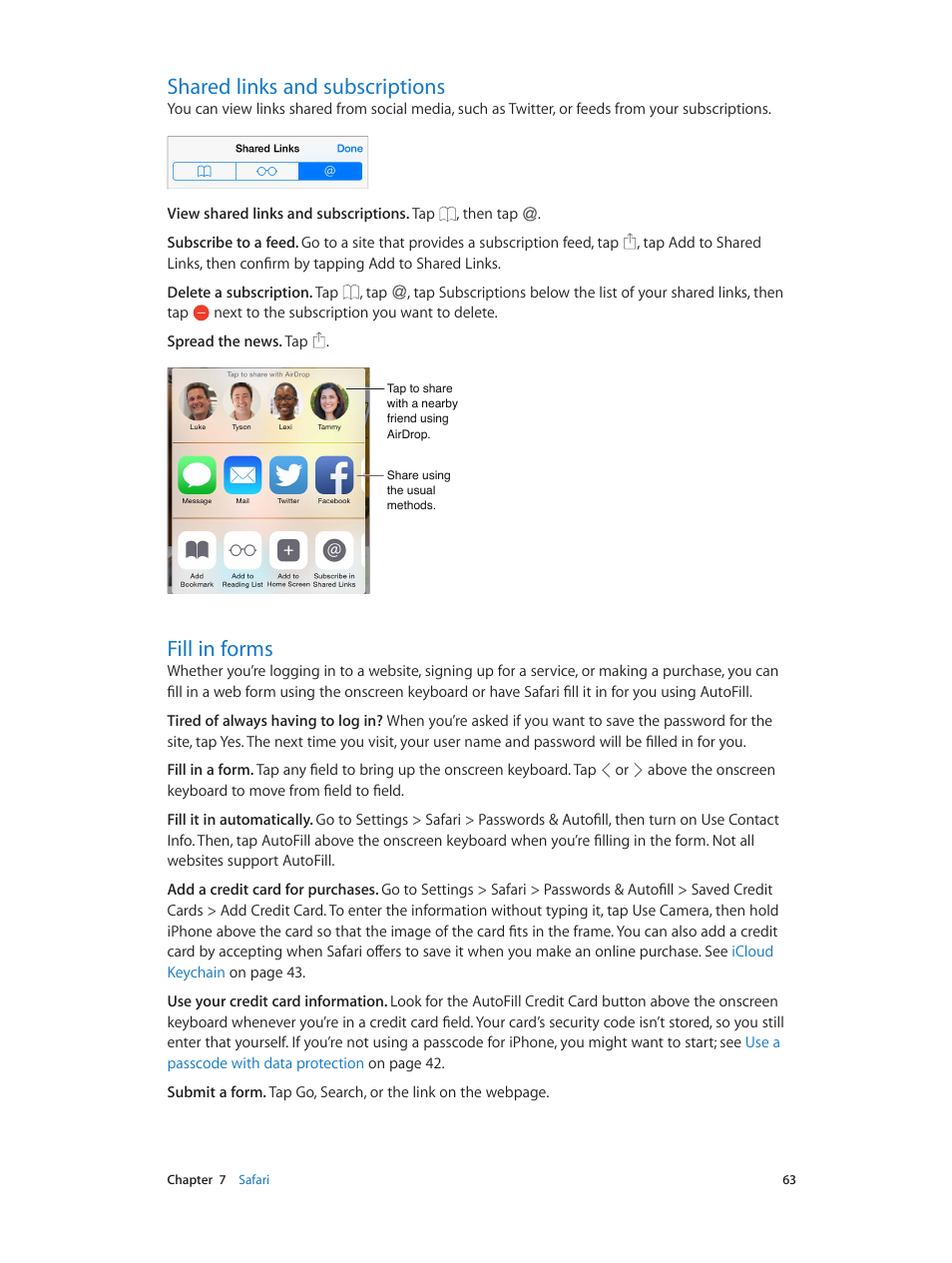 Shared links and subscriptions, Fill in forms, Fill in | Forms | Apple iPhone iOS 8.1 User Manual | Page 63 / 184