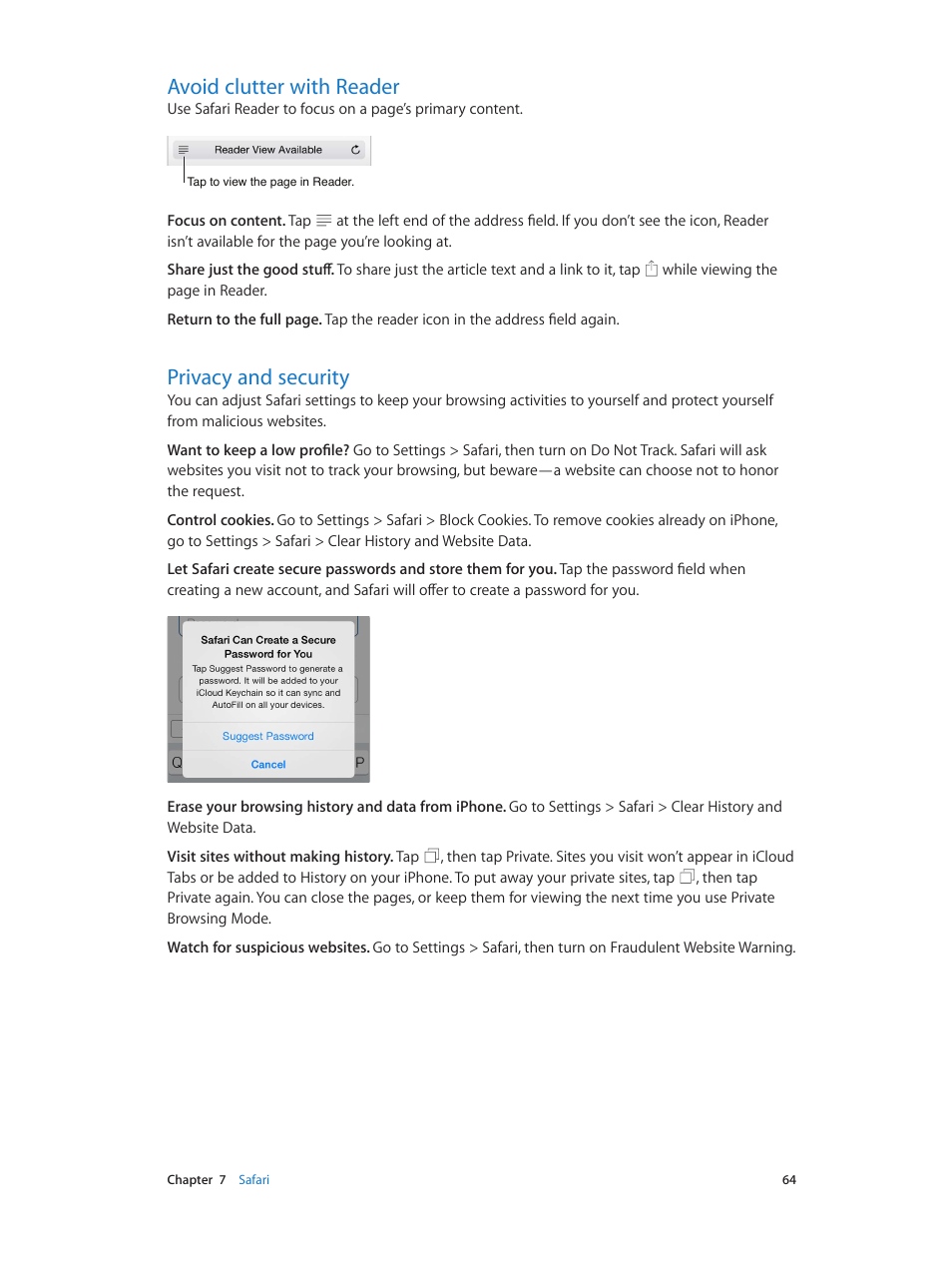 Avoid clutter with reader, Privacy and security | Apple iPhone iOS 8.1 User Manual | Page 64 / 184