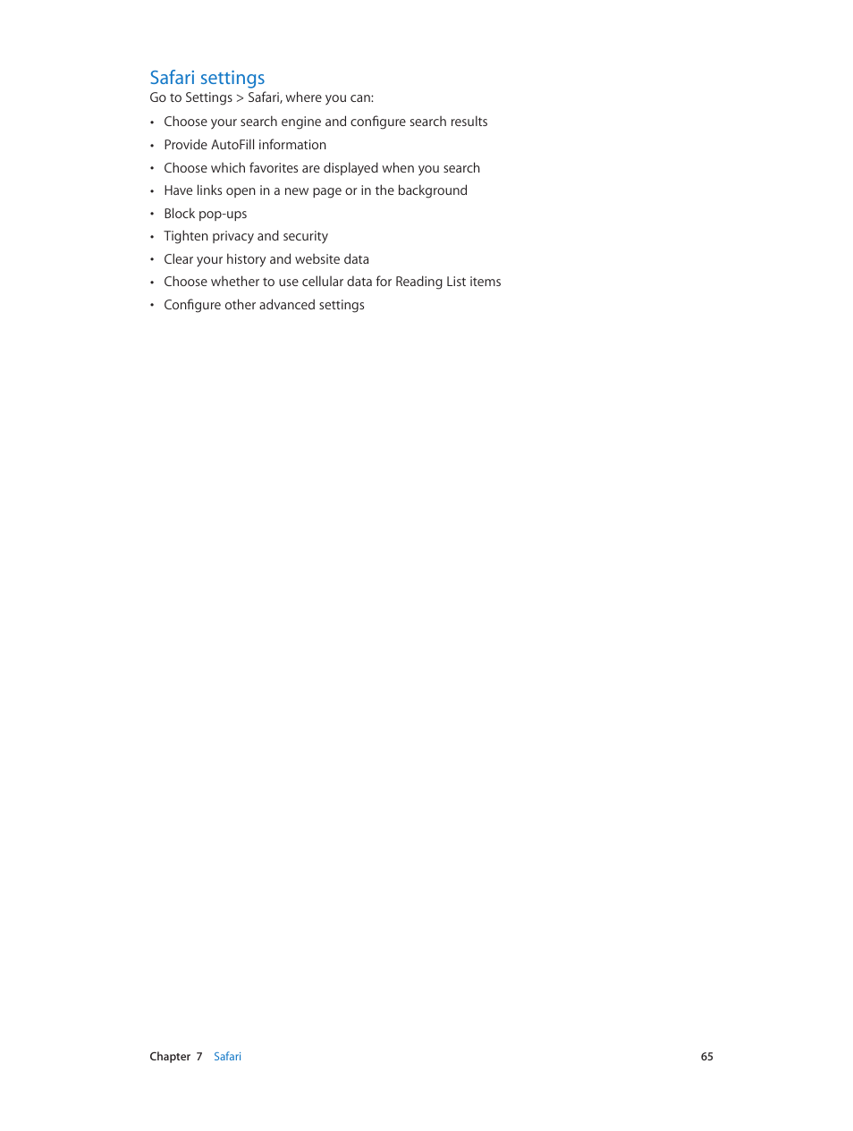 Safari settings | Apple iPhone iOS 8.1 User Manual | Page 65 / 184